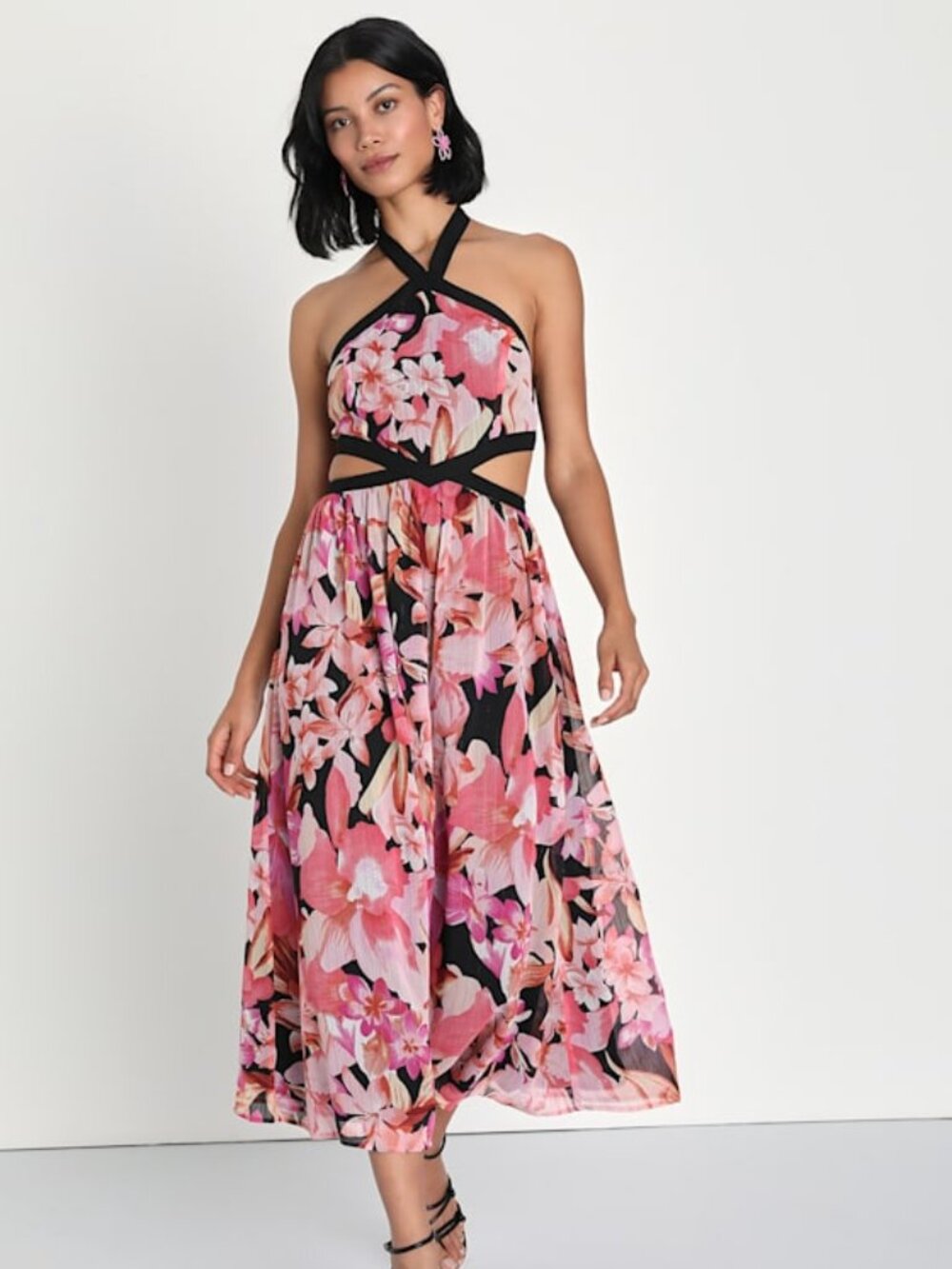 Lulus Destined For Attention Pink Floral Cutout Halter Midi Dress - Size L